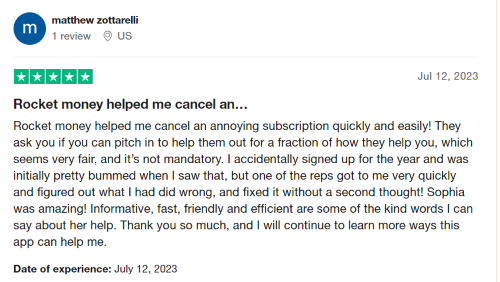 Positive Rocket Money review from a happy user on Trustpilot. 