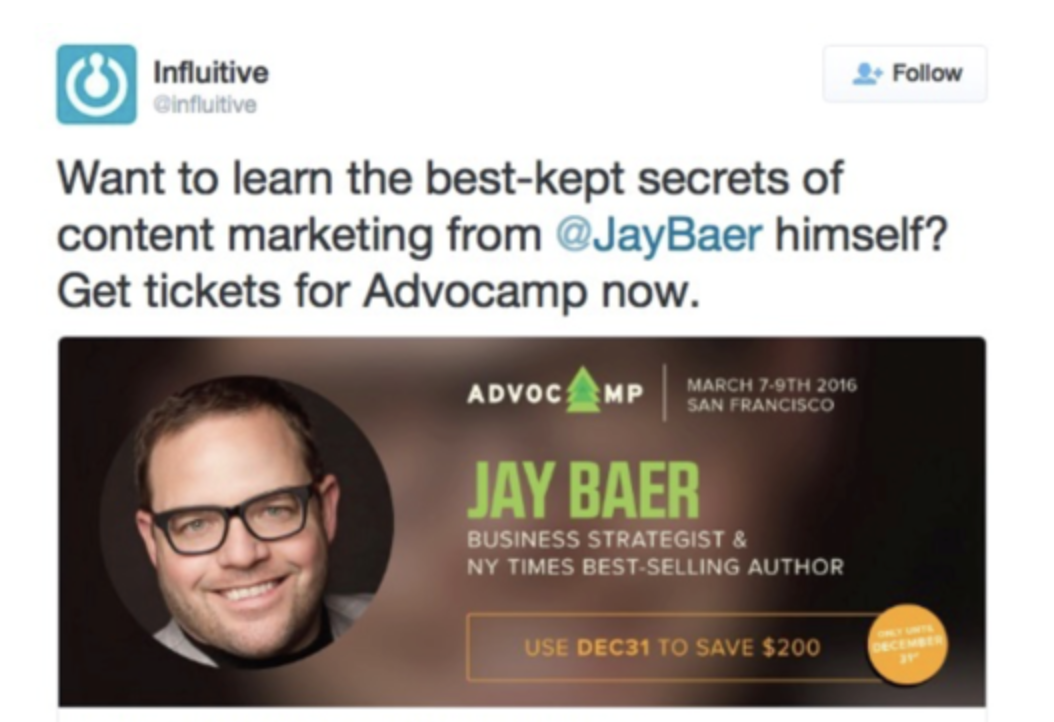 Promotional Twitter banner from Influitive advertising event with featured marketing speaker