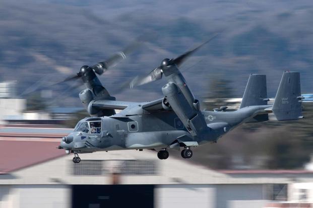 A CV-22 Osprey takes off at Yokota Air Base, Japan.