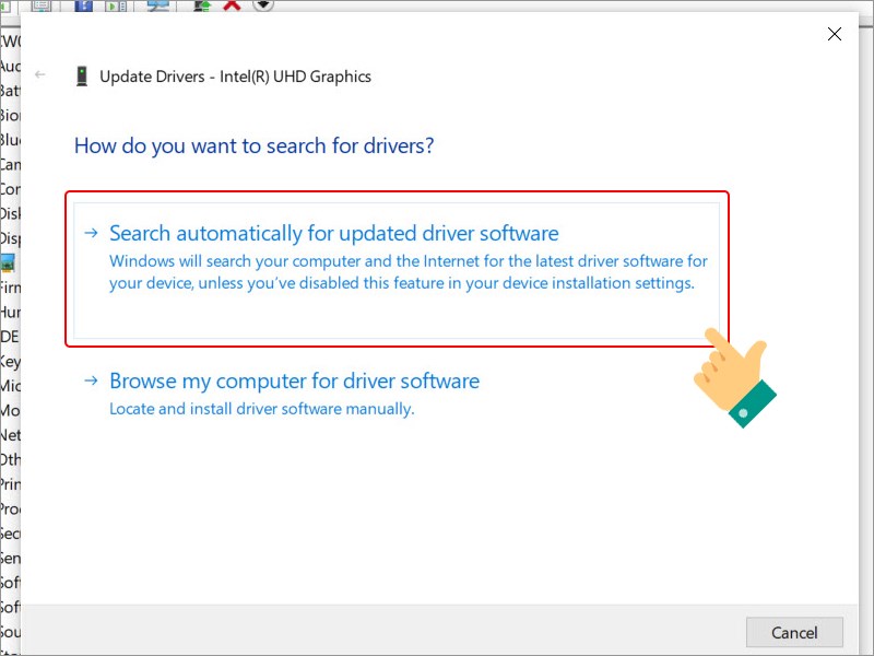 chọn Search Automatically for update drivers software và chờ