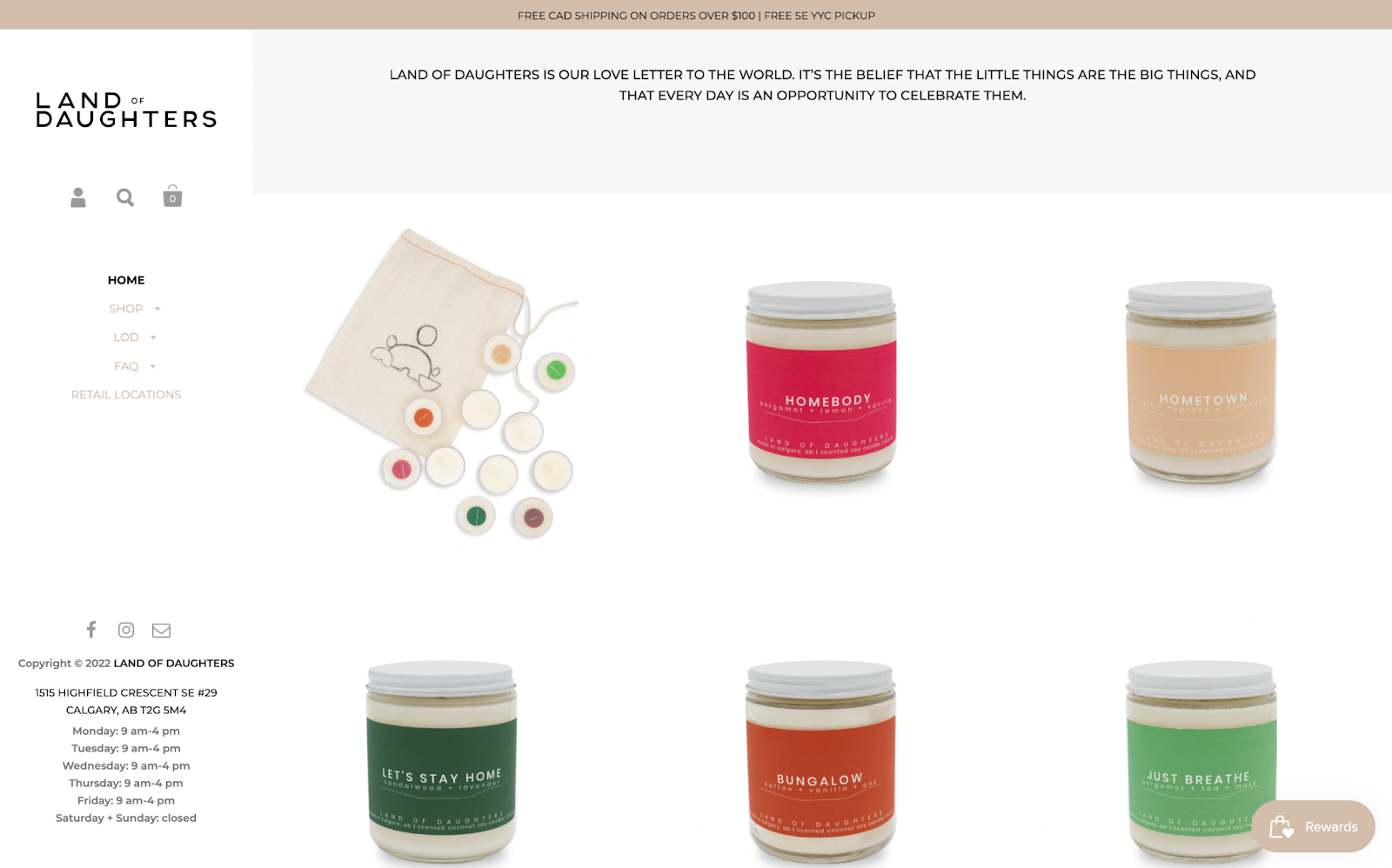 Creative rewards program names–A screenshot of Land of Daughter’s products. There are 5 candles labeled: Homebody, Hometown, Let’s Stay Home, Bungalow, and Just Breathe. 