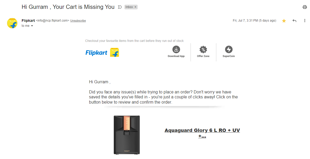 Flipkart's Abandoned Cart Email