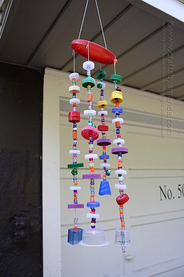 wind chime made out of recycled plastic lids
