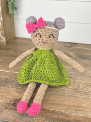 Crochet doll pattern, doll in pink dress, 9 inch doll