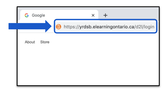 A blue arrow points to the web address: https://yrdsb.elearningontario.ca/d2l/login in the browser address bar.