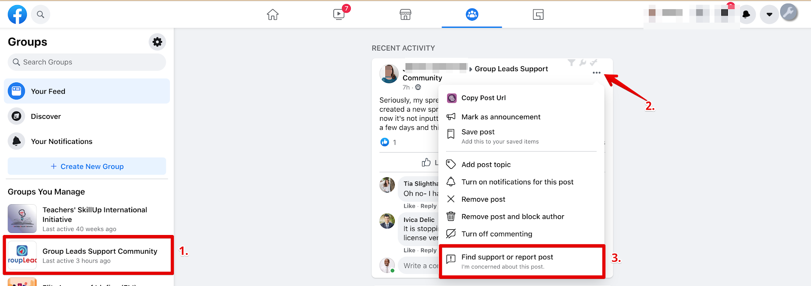 facebook report to group admin