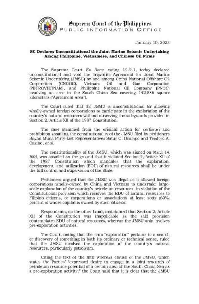 Phán quyết ngày 10/1/2023 của tòa Phillippines