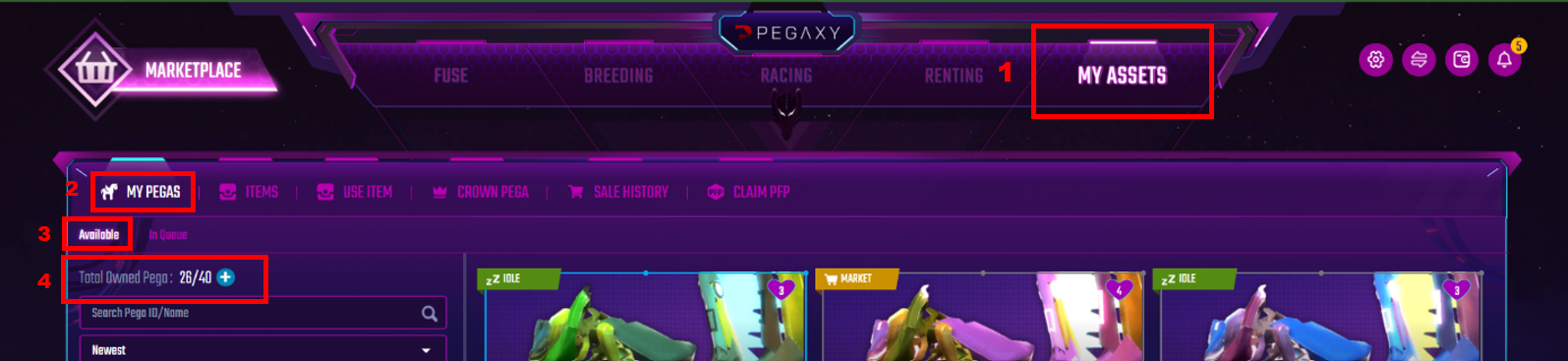 Pegaxy interface emphasizing My Assets, My Pegas, Available, and Total Owned Pega.