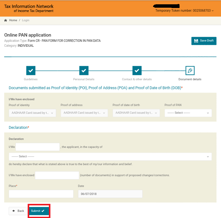 Submition page for PAN application