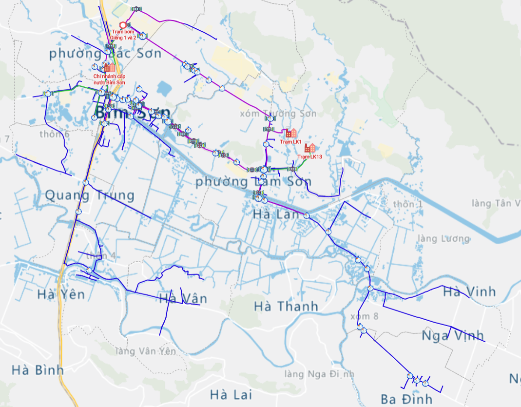 Bản đồ quảnh lý mạng lưới cấp nước  với eKMap tại thị xã Bỉm Sơn