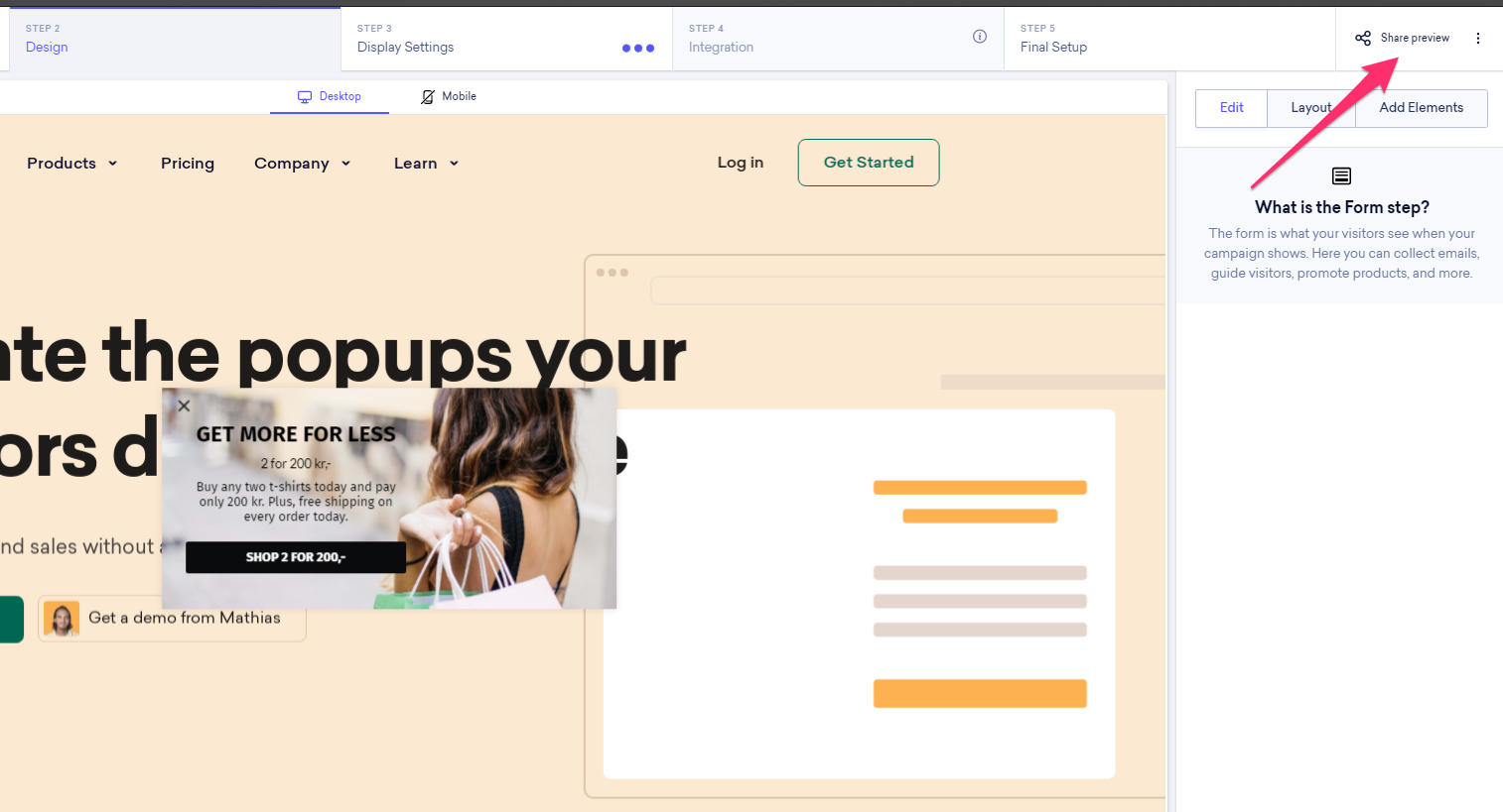 Onsite builder page highlighting the Share preview tab on the right