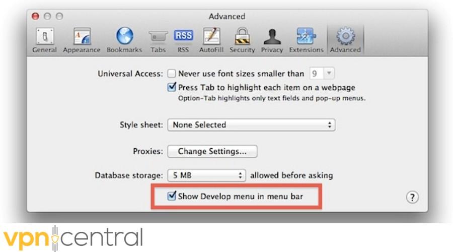 safari show develop menu in menu bar