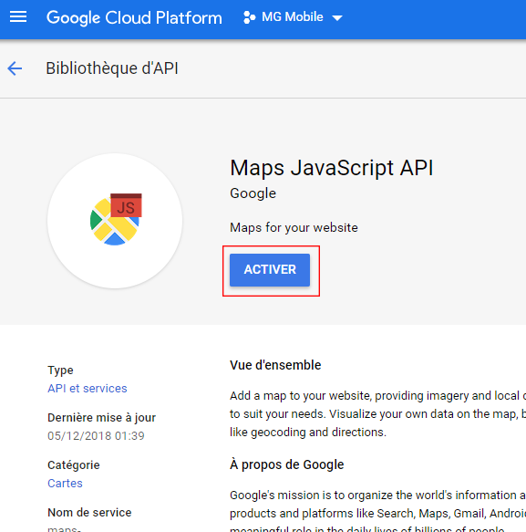 Création de la clé API Google Maps