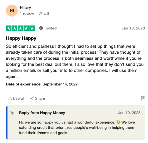 Positive Happy Money personal loans review from customer who found the lending process to be seamless.