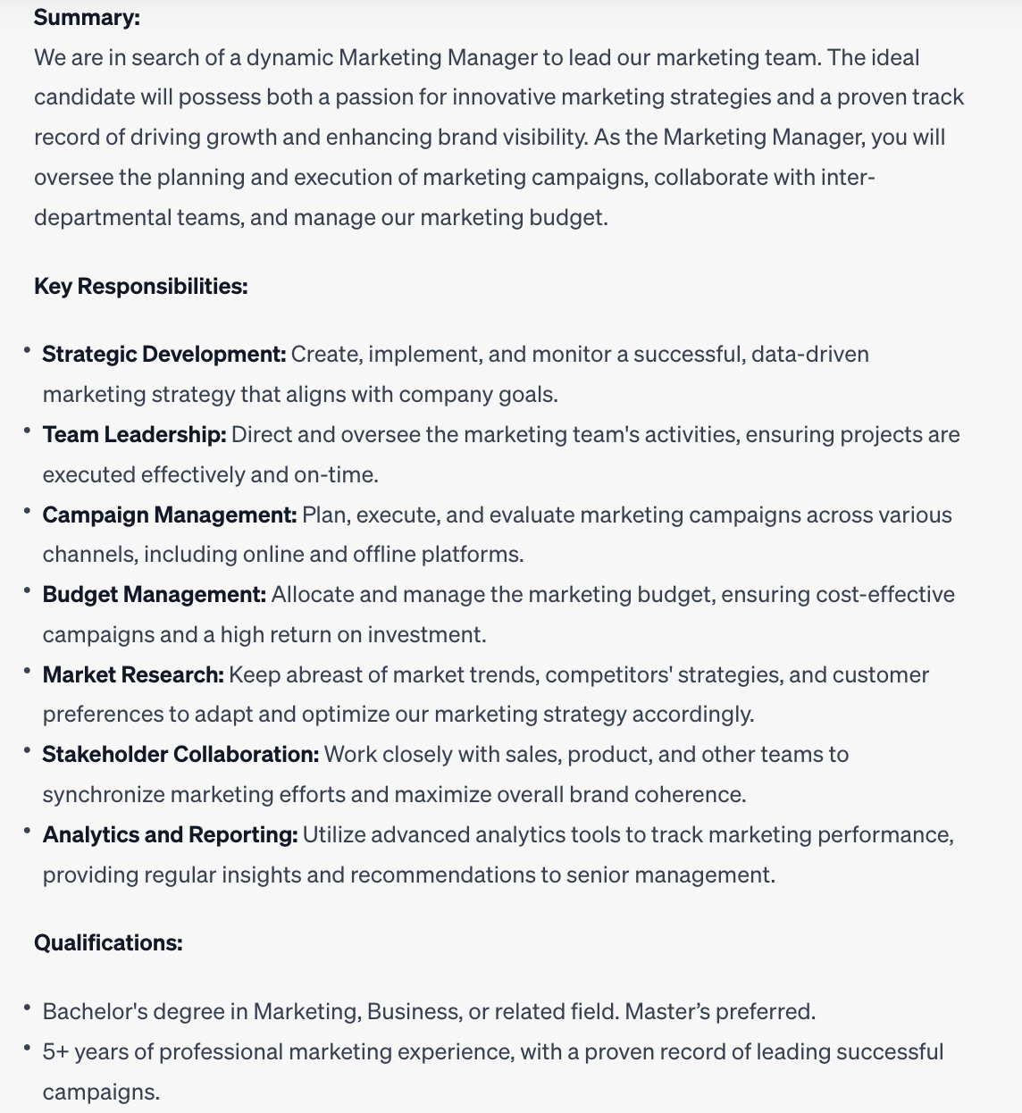 ChatGPT output for marketing manager job description