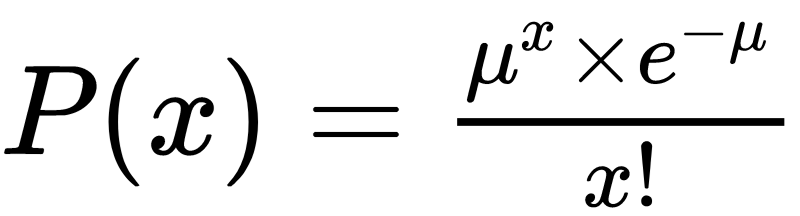 P(x) = \frac{\mu^{x}\times e^{- \mu}}{x!}