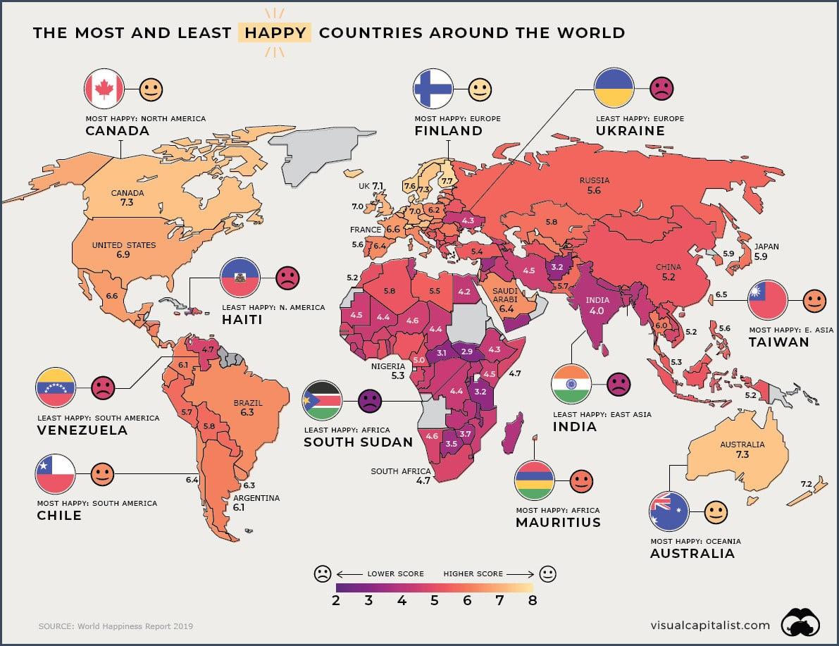 Carte les pays les plus et moins heureux au monde