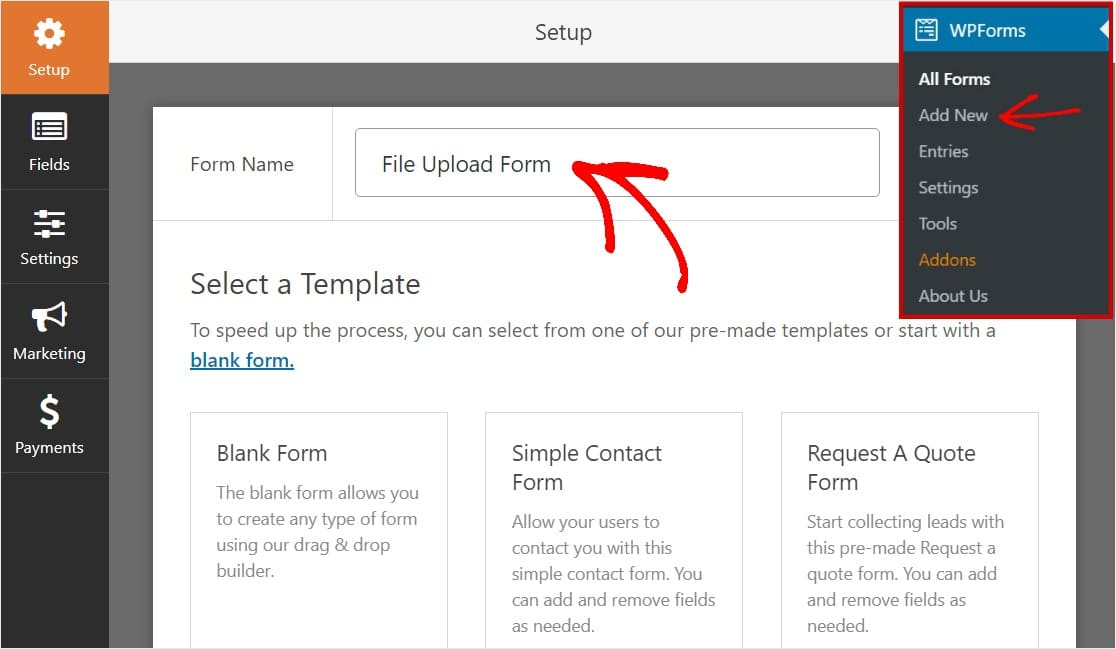 Add new file upload form in WPForms