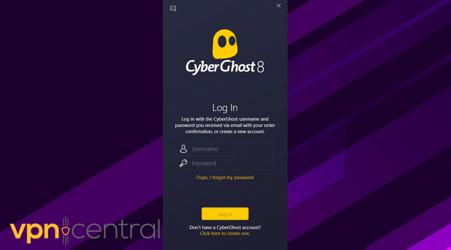 CyberGhost log in screen