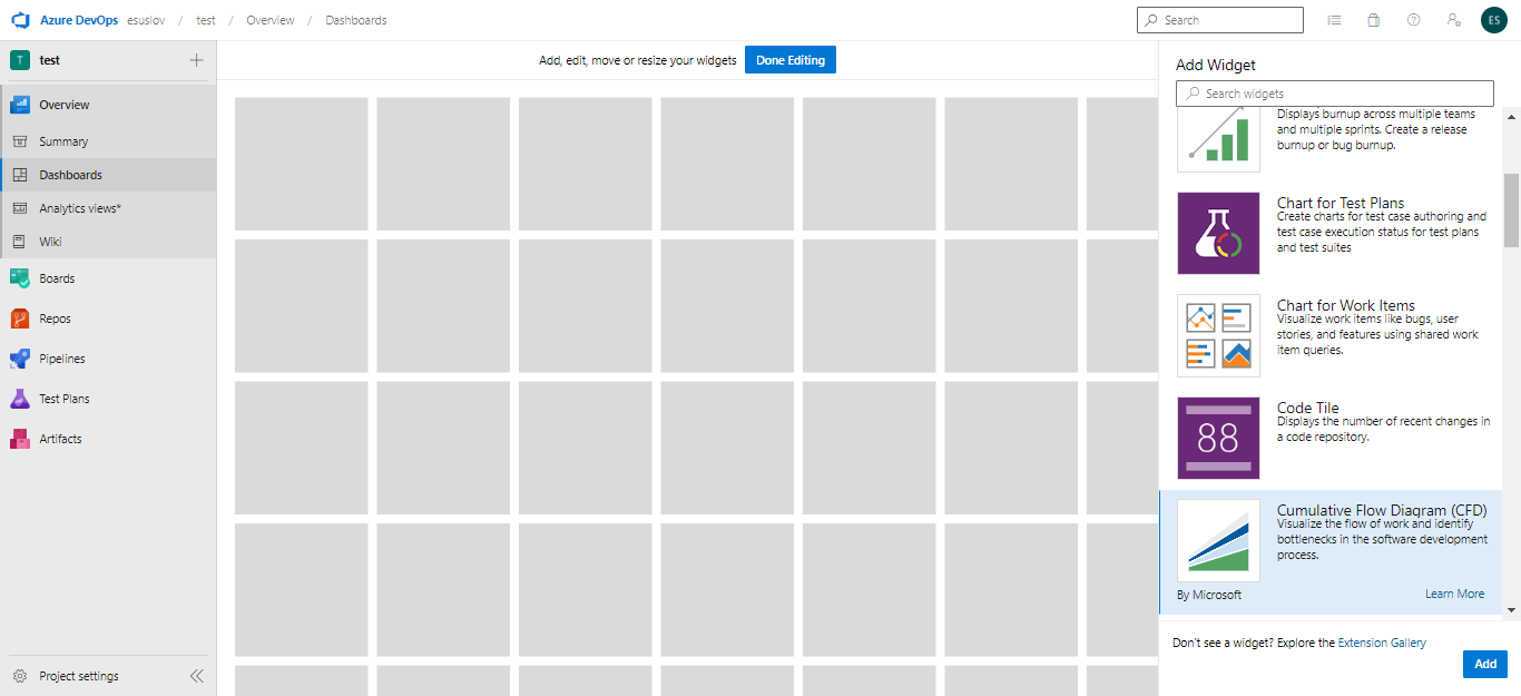 Azure DevOps Dashboards with add widget sidebar