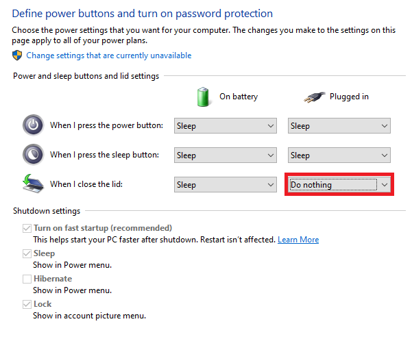 A screenshot of laptop power options with "do nothing" highlighted