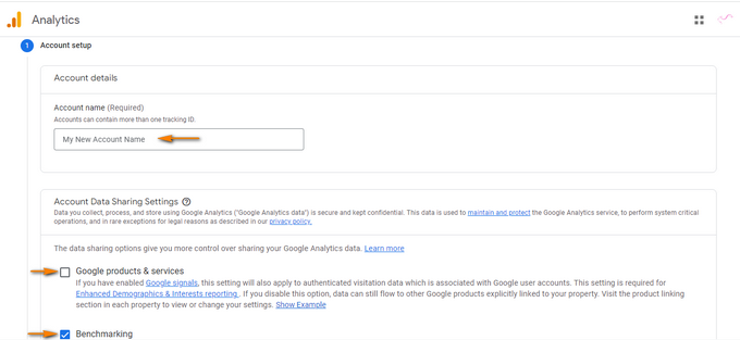 Setting up an account for Google Analytics.