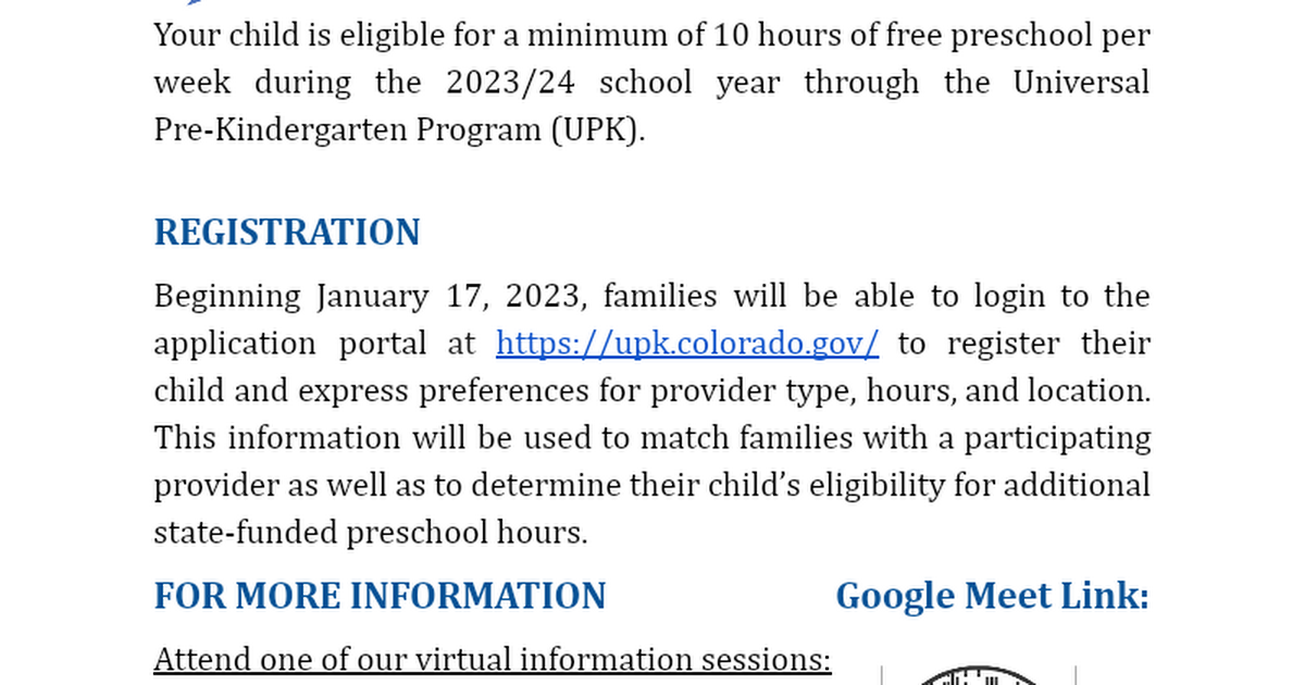 UPK Parent Information Flyer