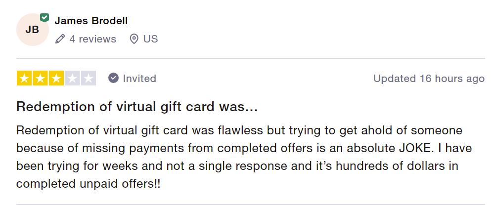3-star InboxDollars review says redemption of virtual gift card was flawless but getting ahold of customer service is a joke.