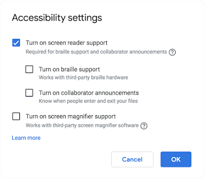 The image shows a setting page for Accessibility in Google Docs
