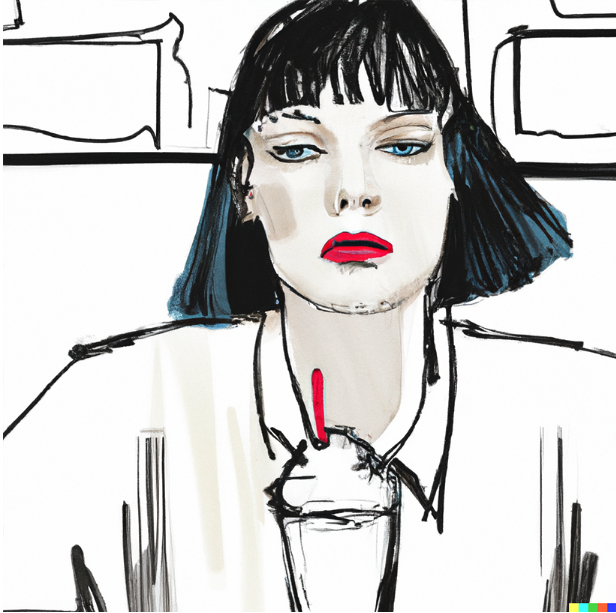  A prompt from Pulp Fiction, ‘a sketch of a woman with large blue eyes, thin nose, red lipstick and black bob with fringe, wearing a white shirt, seated at a table, drinking a milkshake with a straw’ visualized using AI on a storyboard