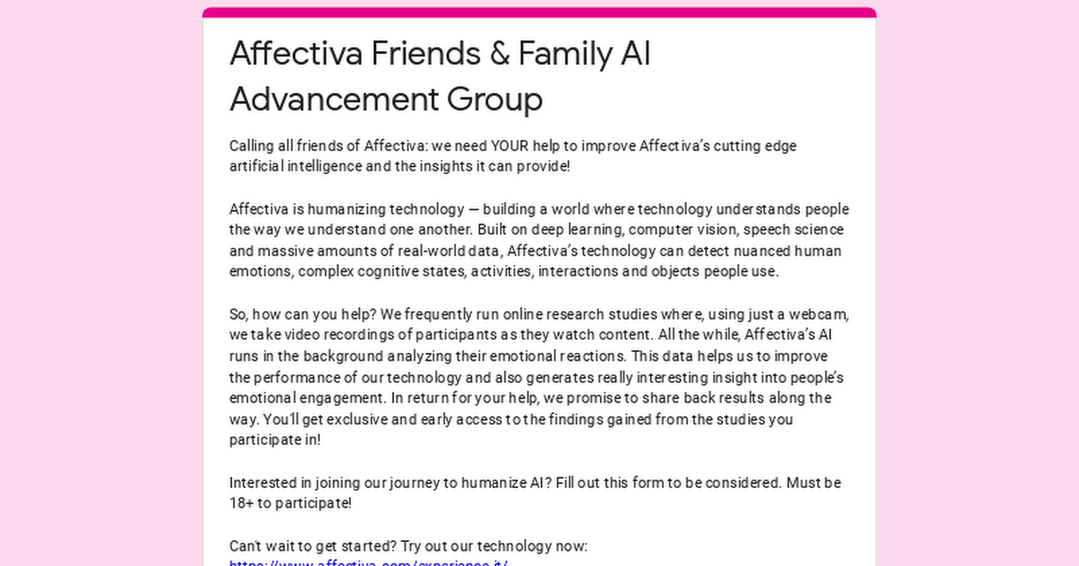 Affectiva Friends & Family AI Advancement Group