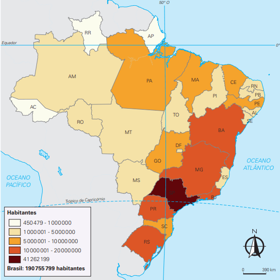 Mapa do Brasil com a distribuição da população nos estados.