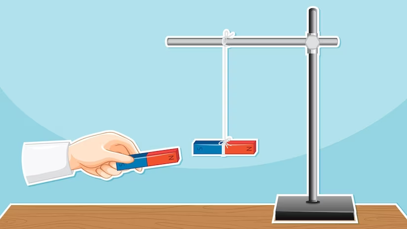 Illustration of magnet experiment demonstrating studying magnetic forces for MCAT Physics Section.