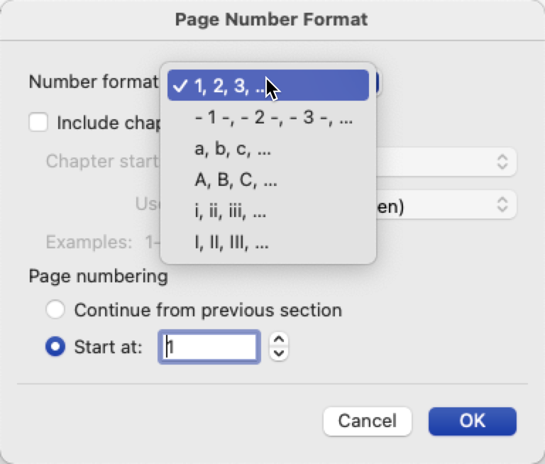 Word for Mac, Page Number Formatting dialog box, Number Format menu open, cursor on Arabic numbers.
