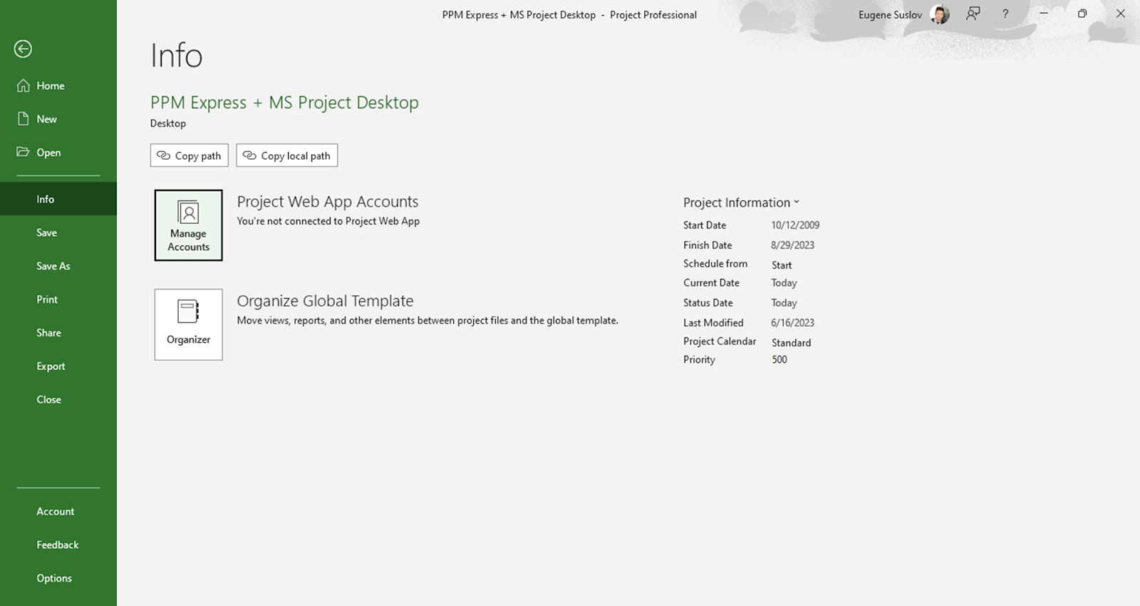 Managing accounts in Project Desktop