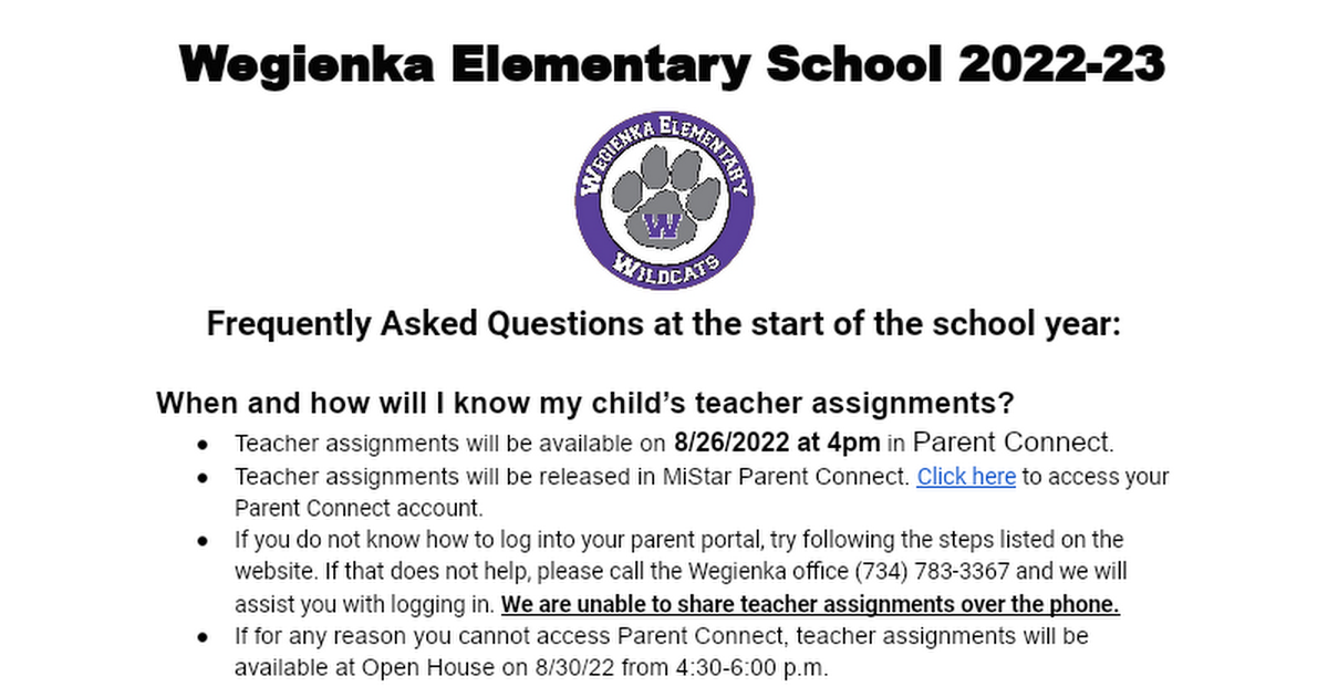 FAQ Parent Questions Wegienka 2022-23