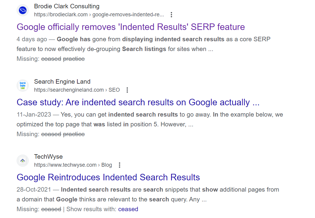 Current Indented Search Results