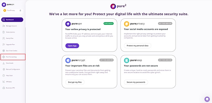 PureVPN Port Forwarding tab in account settings