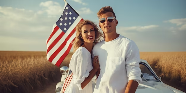 A couple celebrating 4th of July with an American flag in the background 