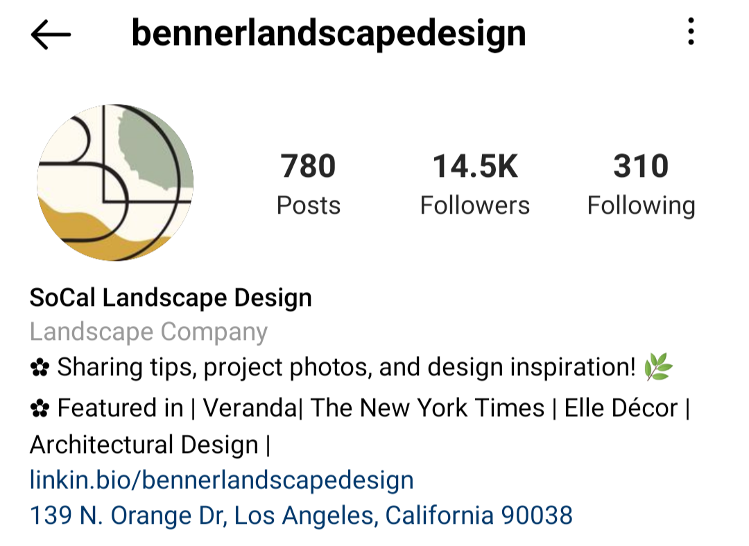 Landscape Design Business Instagram Company Bio Example