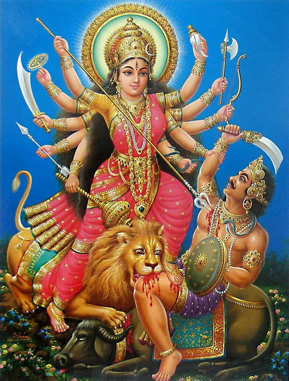 As depicted in the artwork, Durga is fighting the buffalo demon Mahishasura. As Durga rides her lion, she wields multiple weapons with the many arms she possesses, while the lion bites the buffalo demon on the thigh.