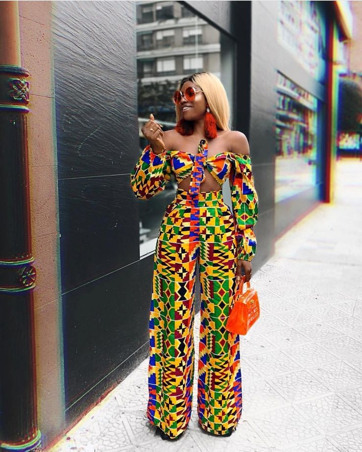 lady wearing kente two-piece outfit