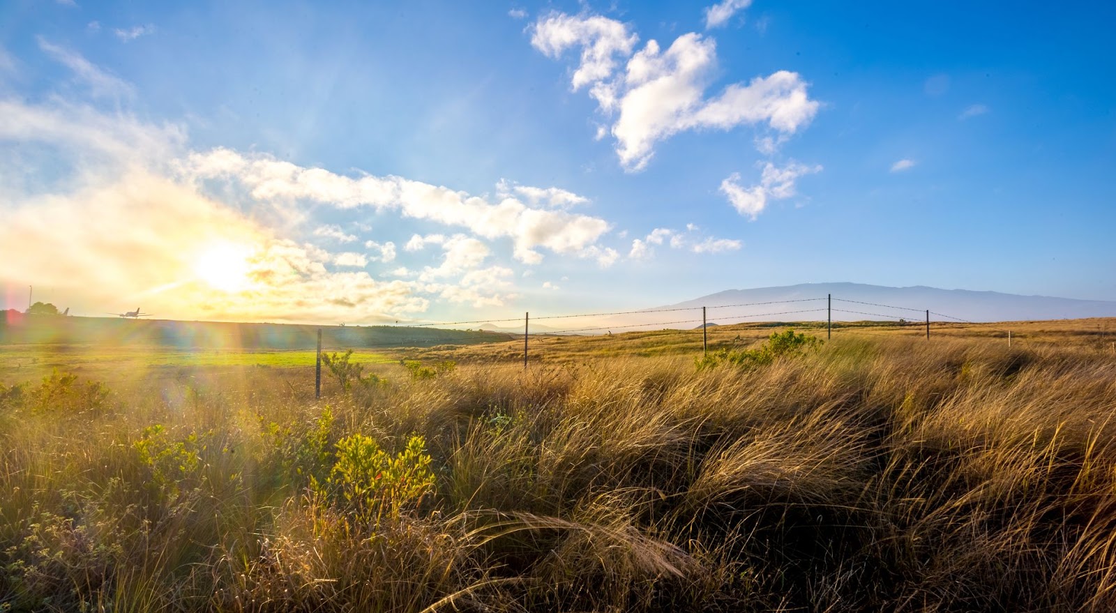 Sun shining over small airport field in Hawaii