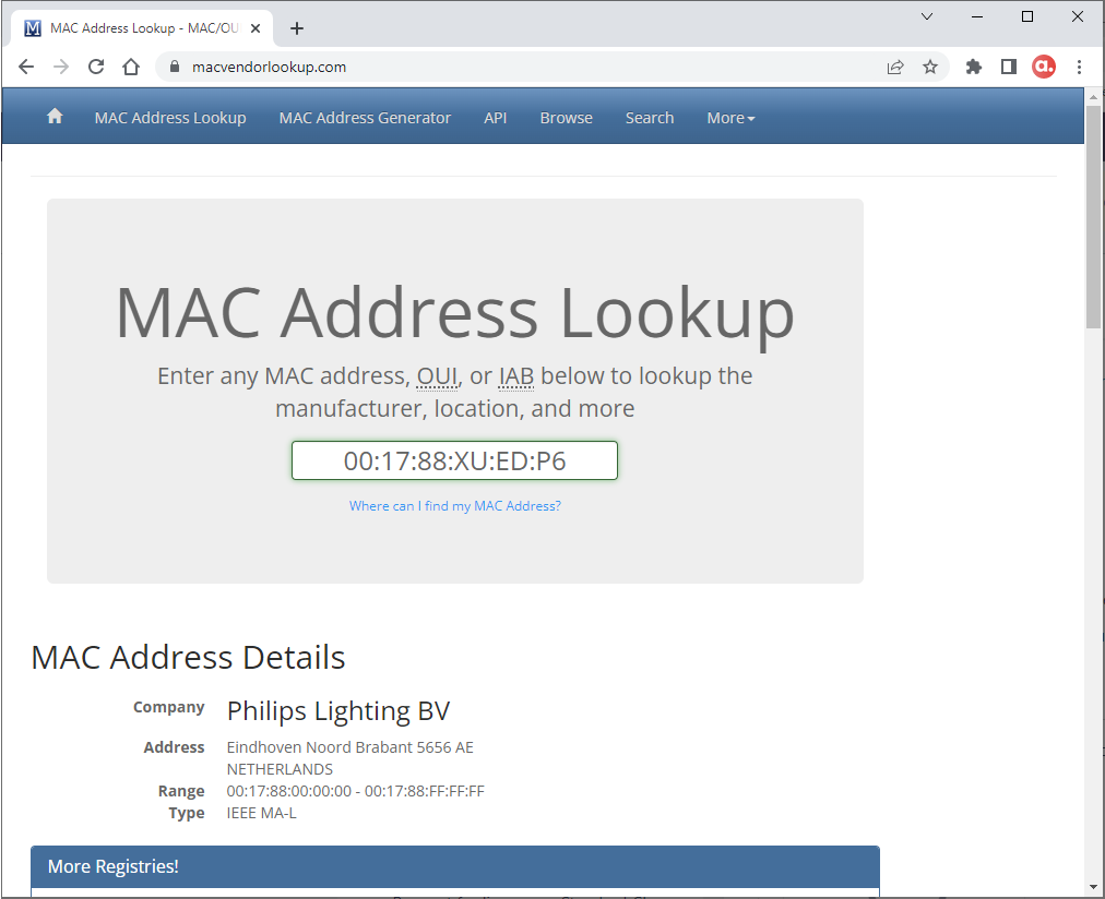 Screen capture of MAC Address Lookup website