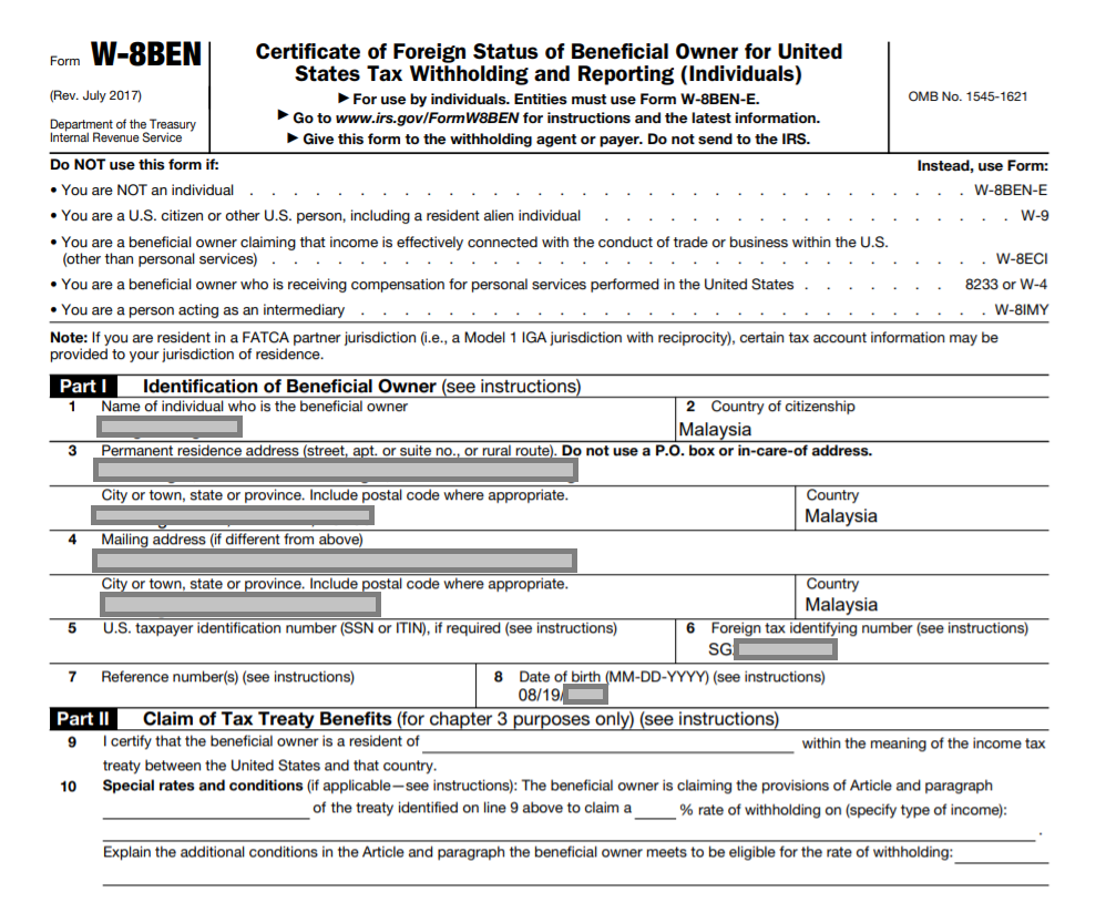 W8 form auto-generated from TD Ameritrade Registration in Malaysia