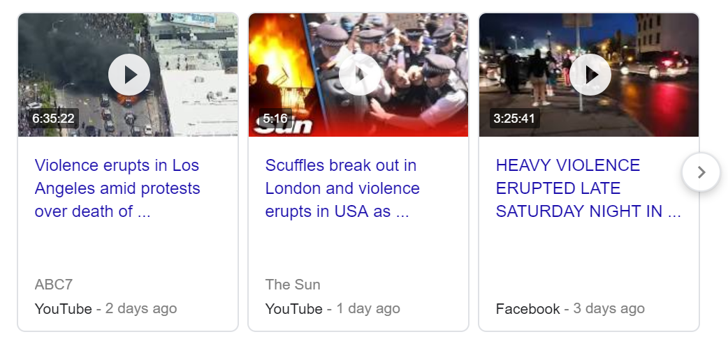 Screenshot of 3 news headlines starting "Violence erupts / Scuffles break out / Heavy violence erupted".