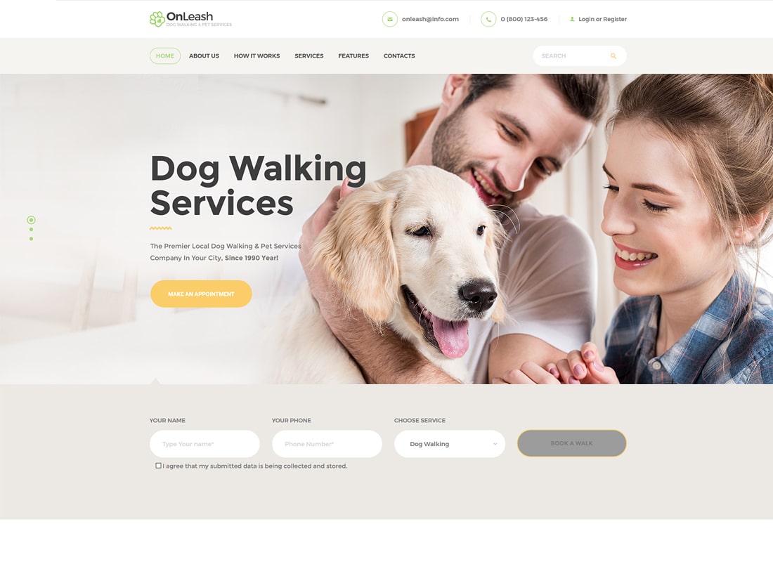 OnLeash |  Tema de WordPress para pasear perros y servicios para mascotas