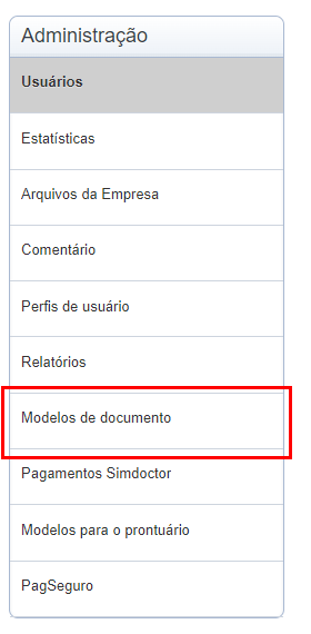 Botão 'Modelos de documento' em vermelho no menu lateral 'Administração'.