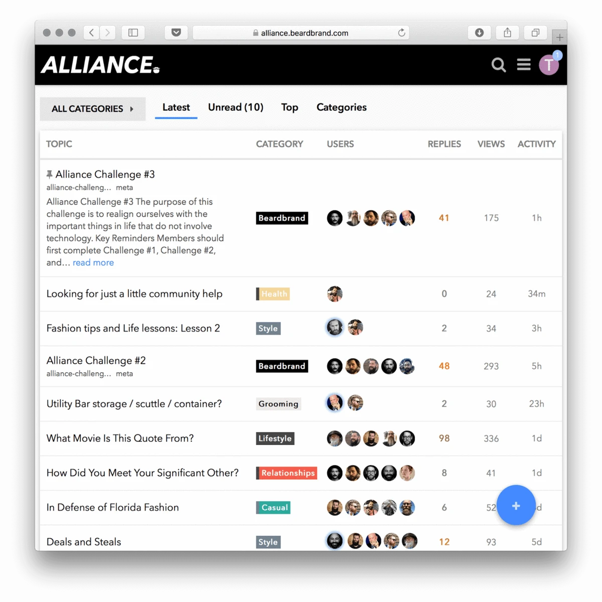 Screenshot of beardbrand's online forum called the Alliance