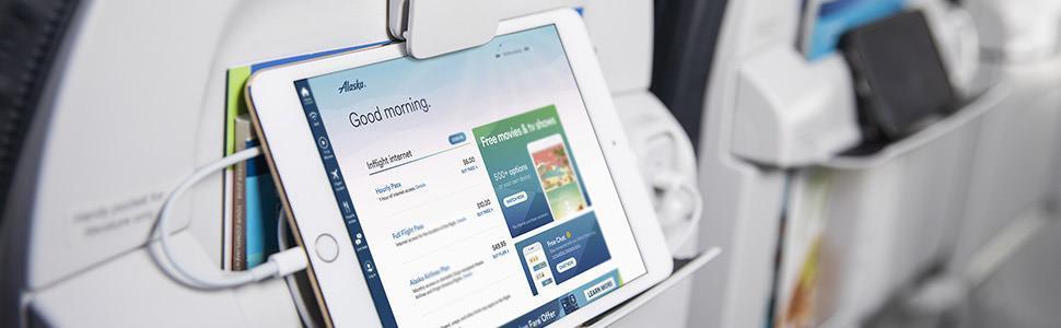 A tablet using wifi on an Alaska Airlines flight. 